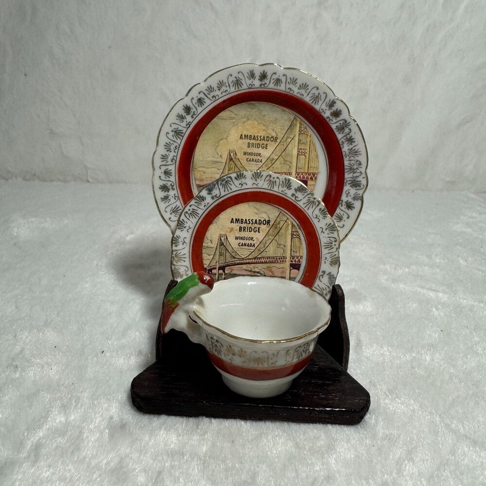 Vintage Souvenir Tea Set W/ Stand Ambassador Bridge Windsor Canada Cup & Saucer